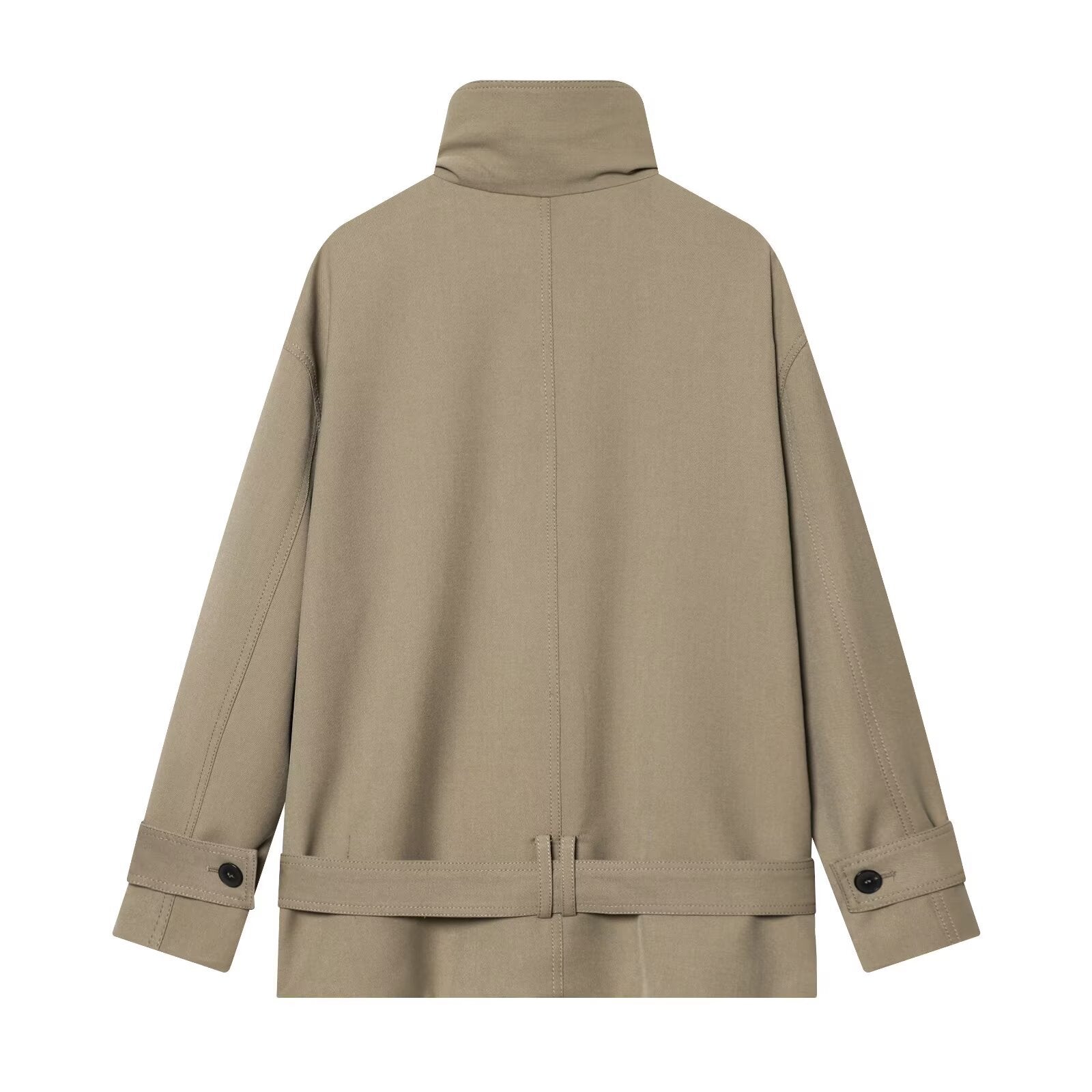 Women's short trench coat with double-breasted button placket, waist belt, and high standing collar Chichicherry