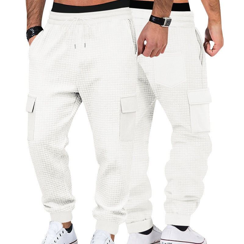Men's Textured Waffle Cargo Joggers with Elastic Waistband and Multifunctional Pocket Design Chichicherry