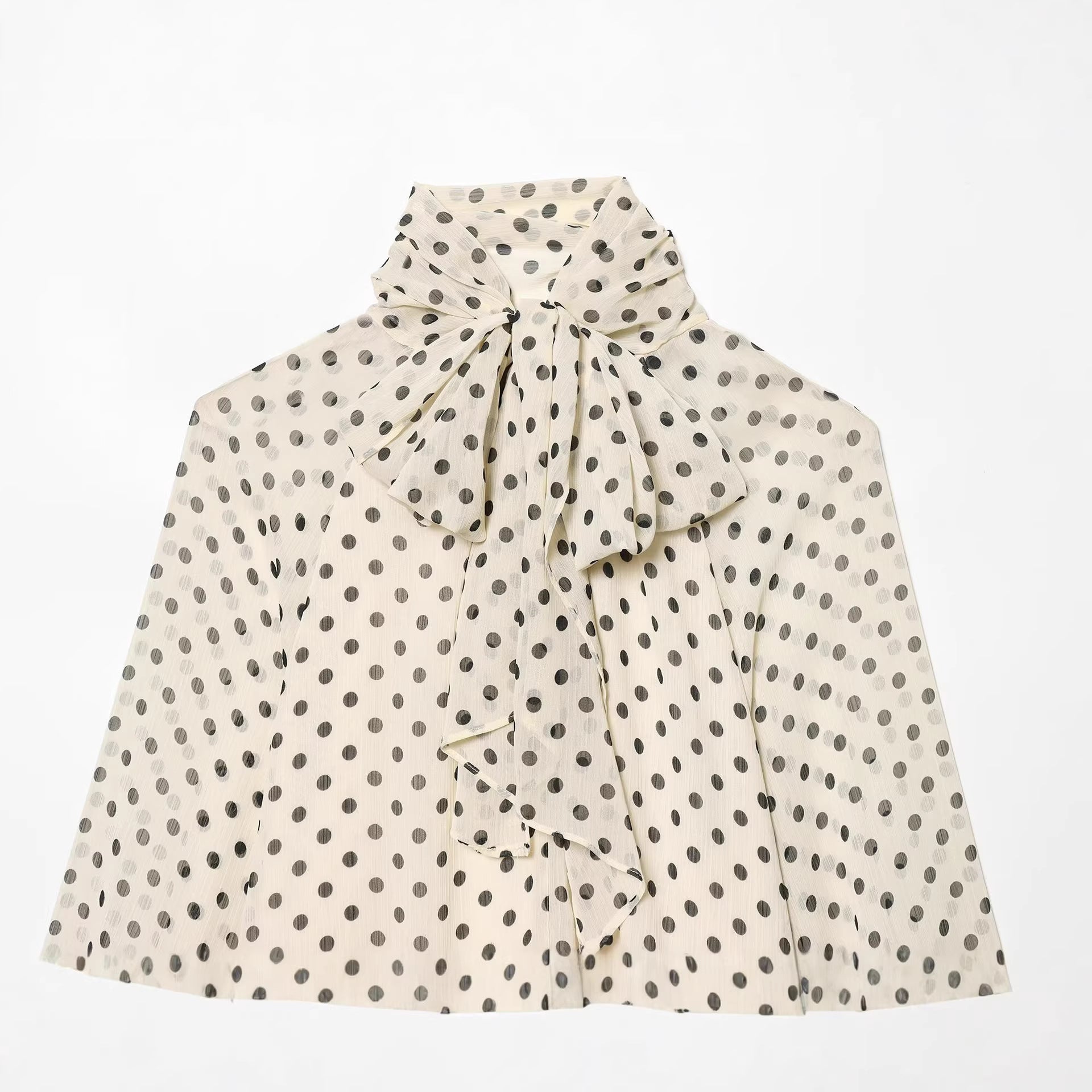 Ladies Airy Chiffon Blouse with Polka Dots, Draped Funnel Neck and Balloon Sleeves Chichicherry