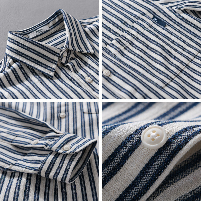 Men Striped Cotton Overshirt with Patch Chest Pocket and Soft Crinkle Finish Chichicherry