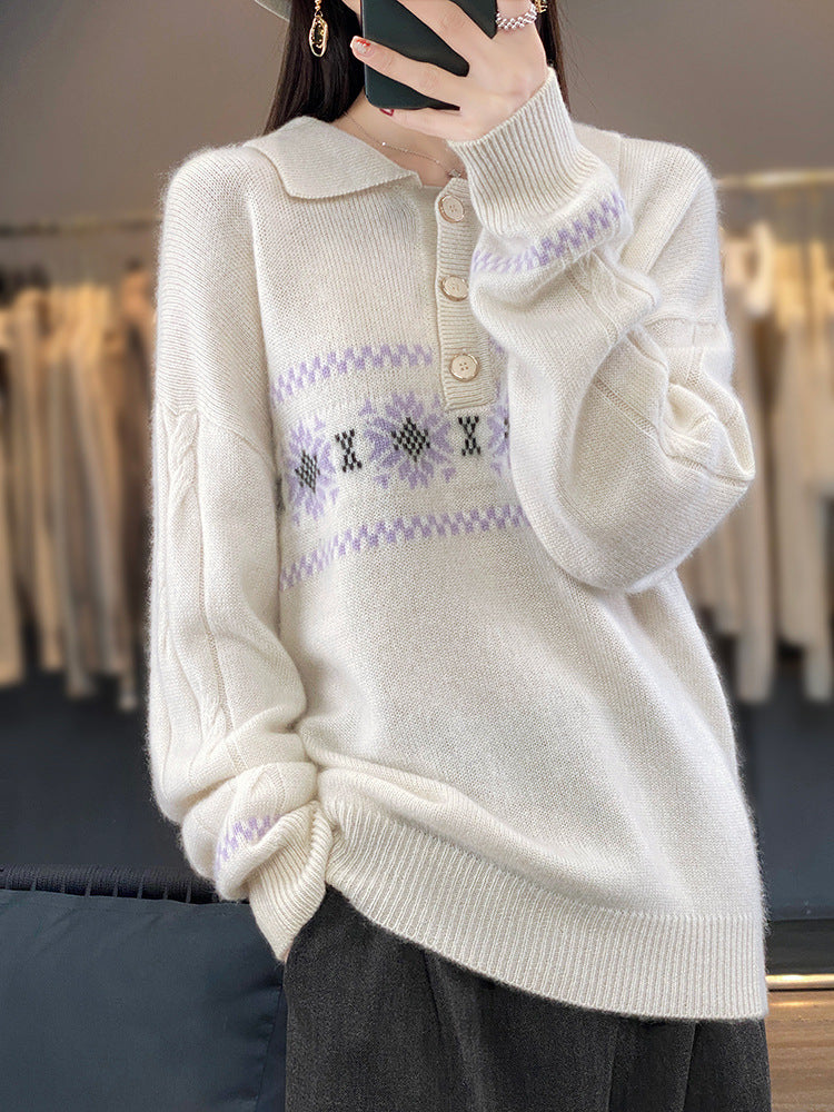 Women's Oversized Polo Collar Knit Sweater with Norwegian Pattern and Raglan Sleeves Chichicherry