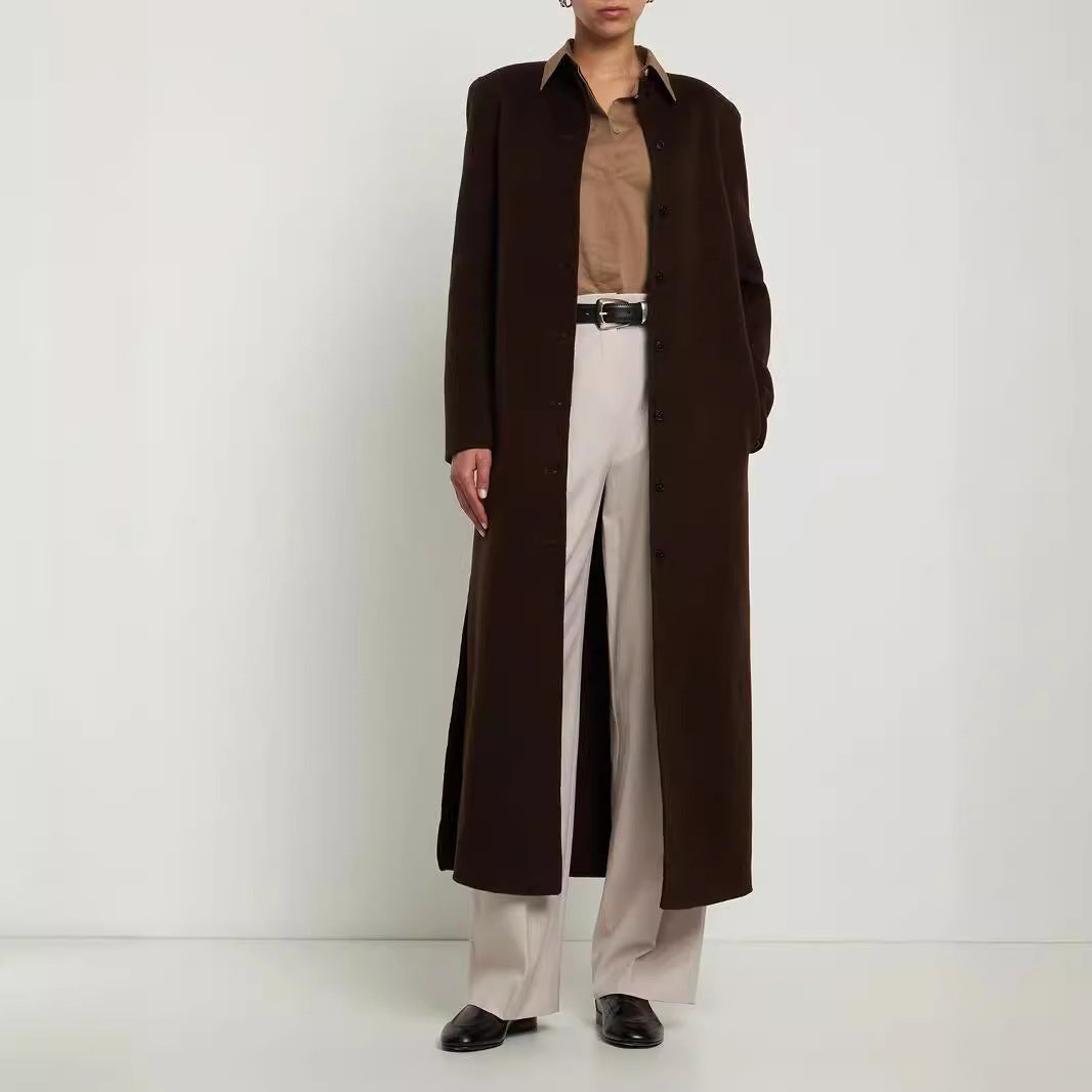 Women's Long Minimalist Stand-Up Collar Coat made of Wool Blend with Concealed Button Placket Chichicherry