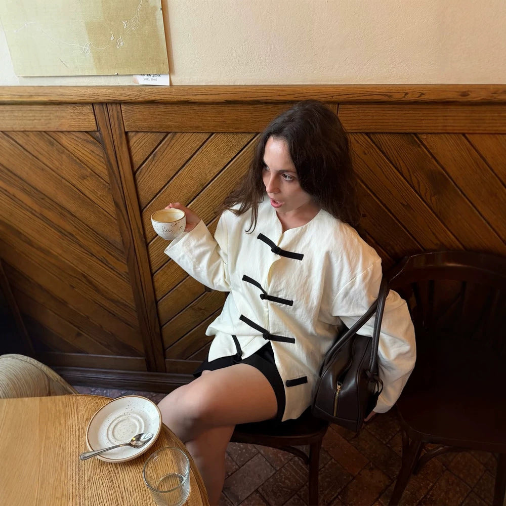 Women's Oversize Boxy Jacket with Toggle Closures and Mandarin Collar Chichicherry