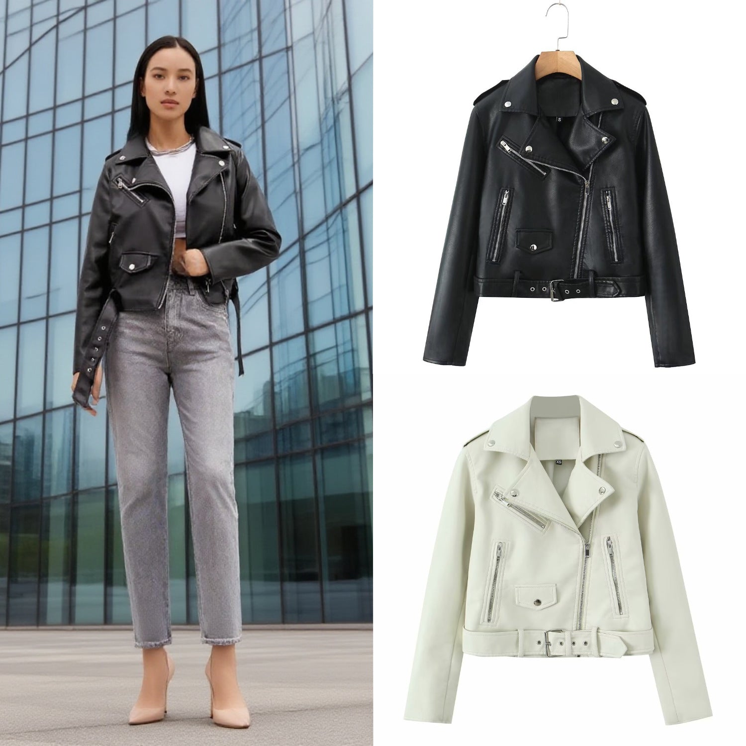 Women's robust fitted biker jacket made of faux leather with asymmetrical zipper and waist belt Chichicherry
