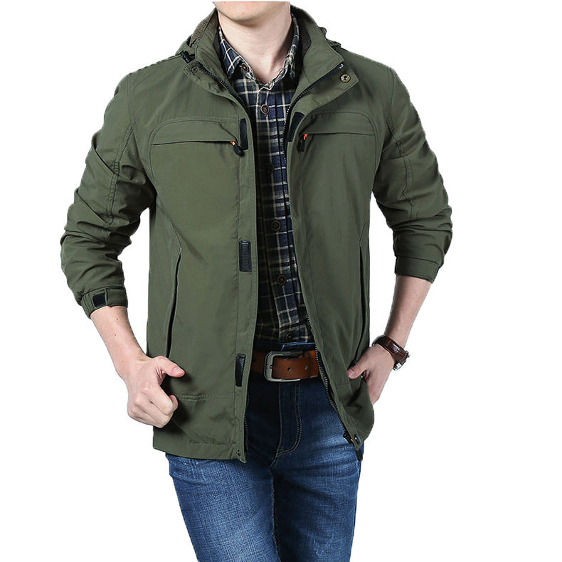 Men's Lightweight Utility Field Jacket with Hood, Zipper, and Multifunction Pockets Chichicherry