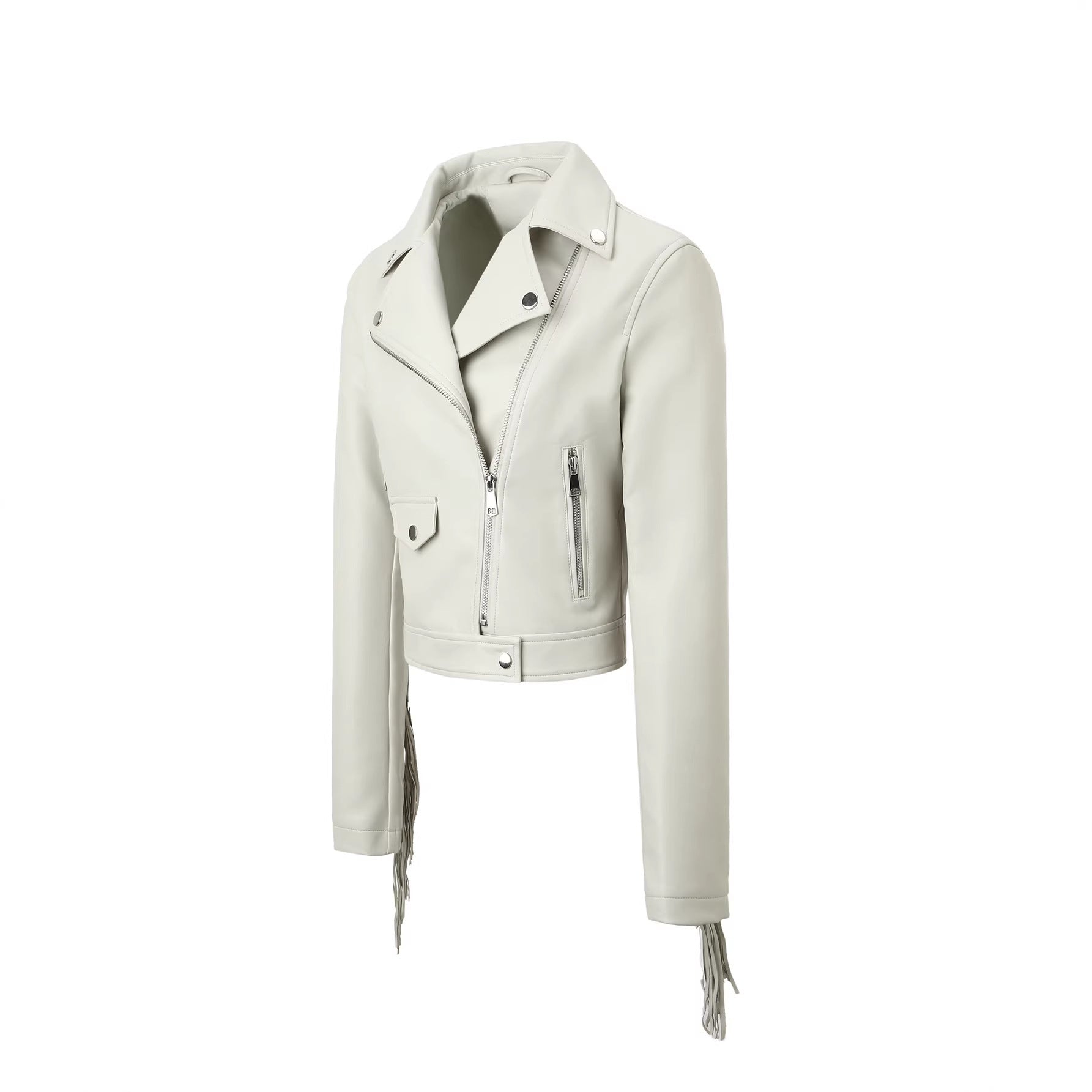 Women's short biker leather jacket with fringed sleeves and asymmetrical zipper Chichicherry