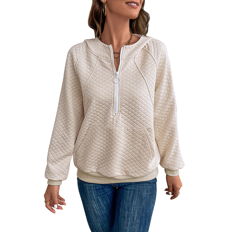 Women's quilted hoodie with half zipper, kangaroo pocket and quilted texture Chichicherry