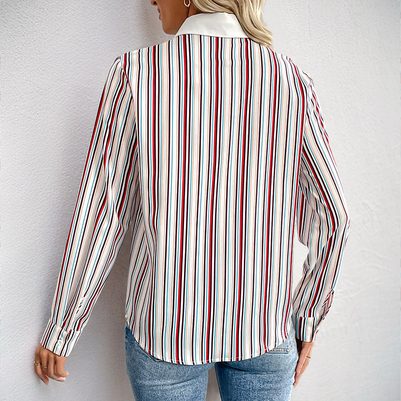 Women Striped Shirt Blouse with Decorative Collar and Long Sleeve Cuffs Chichicherry