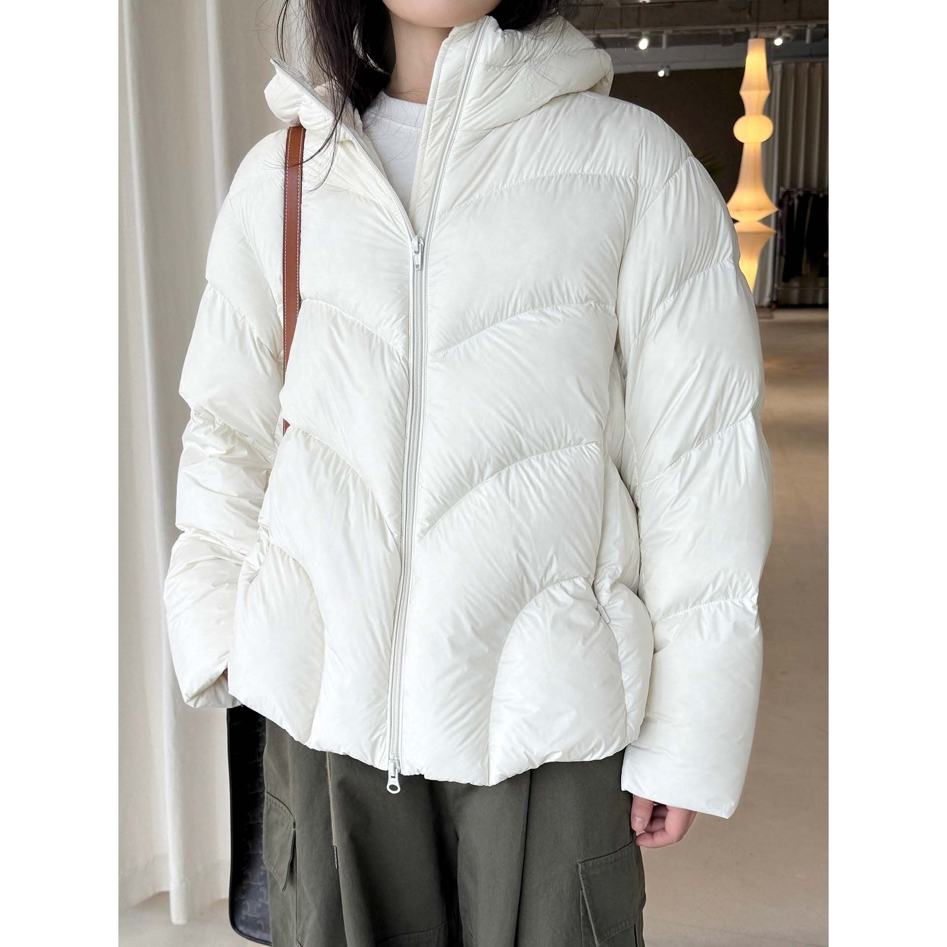Women Short Cut Puffer Jacket with Hood, Insulating Filling and Waist Detail Chichicherry