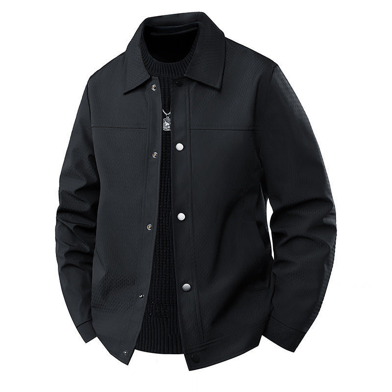 Men's Light Transitional Jacket in Worker Style with Microstructured Twill Look and Snap Button Placket Chichicherry