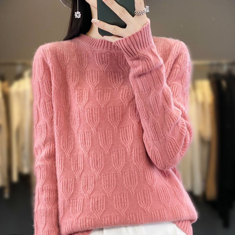 Women's Soft Mohair-Look Round Neck Sweater with Raised Tulip Texture Chichicherry