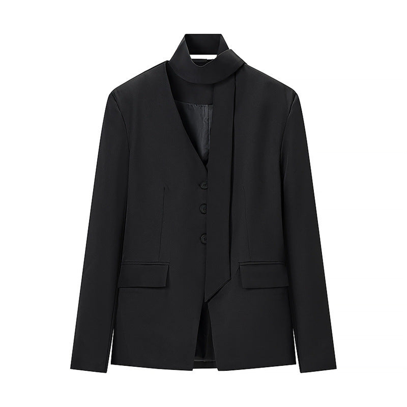 Women's Tailored Blazer with Bow, V-Neck and Flap Pockets Chichicherry