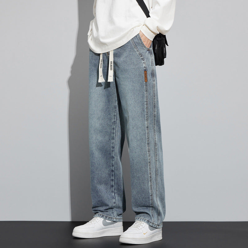 Men's Wide Denim Pants in Lounge Style with Drawstring Waist and Straight Leg Chichicherry