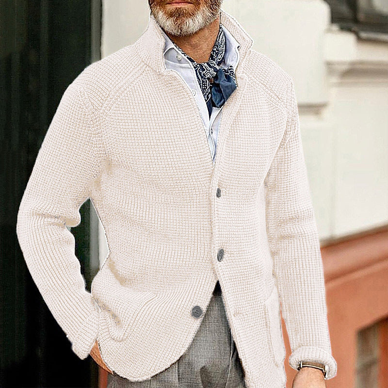 Men's Waffle Structure Cardigan Blazer with Stand-Up Collar and Patch Pockets Chichicherry