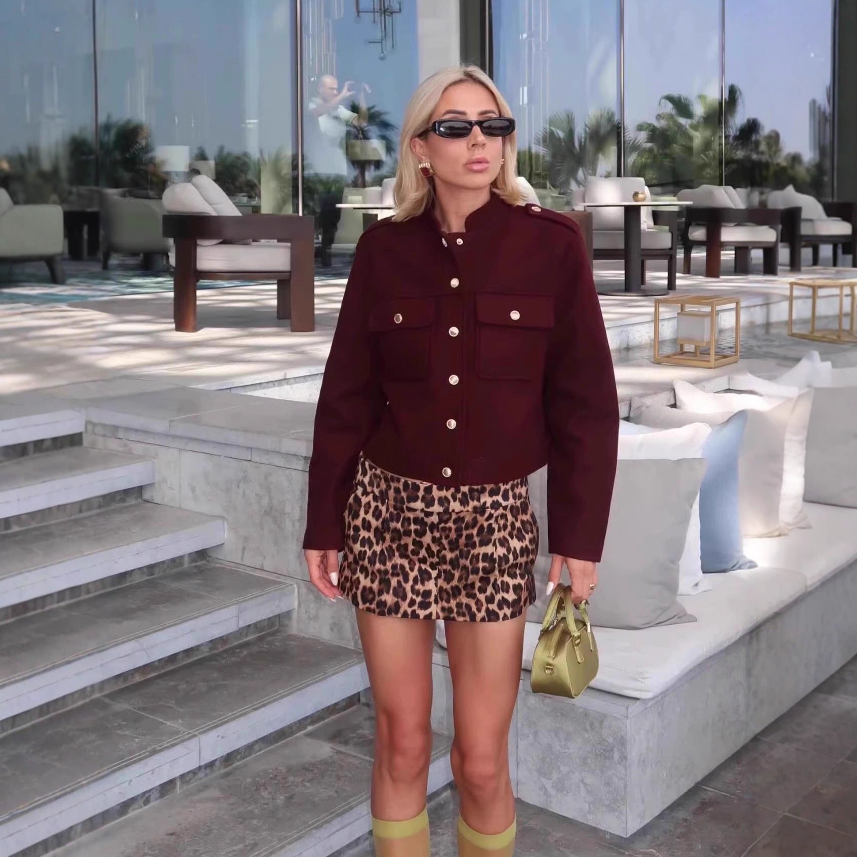 Women's Short Cut Military Inspired Wool Jacket with Stand-Up Collar, Epaulettes and Gold Button Details Chichicherry
