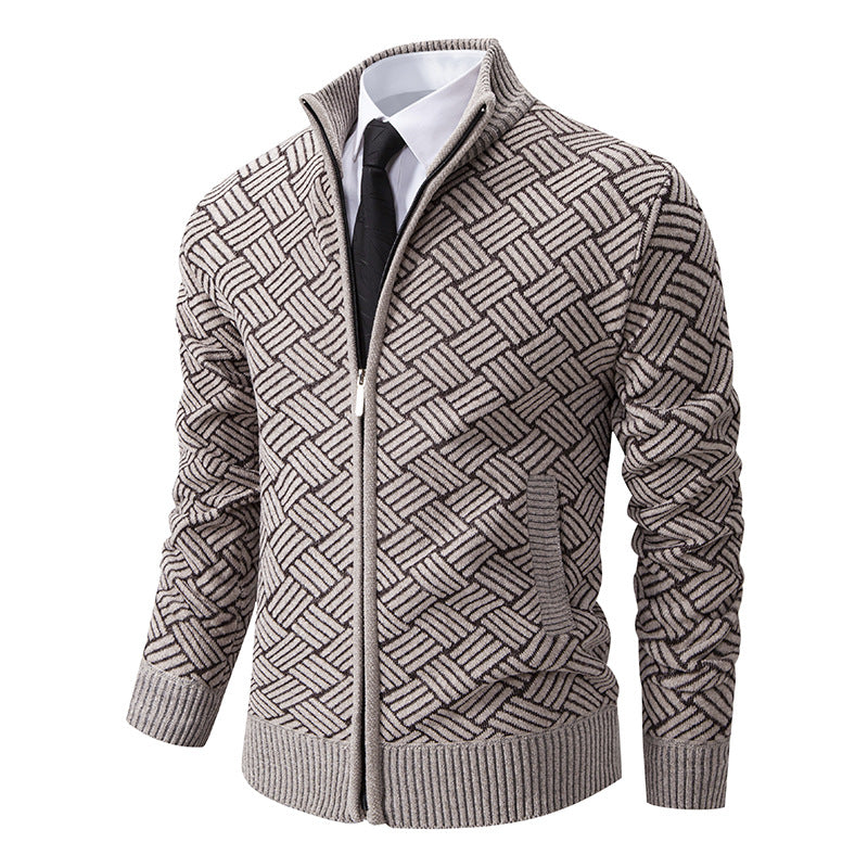 Men's knit zip jacket with geometric textured pattern and stand-up collar Chichicherry