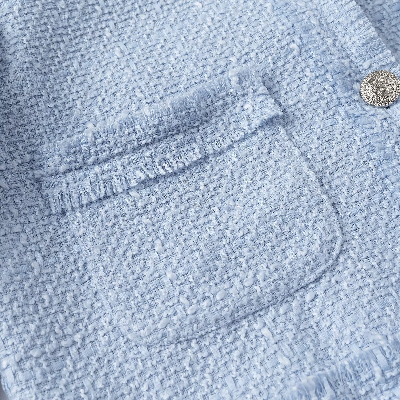 Women's Cropped Boucle Jacket with Round Neckline, Fringed Trim and Patch Pockets Chichicherry