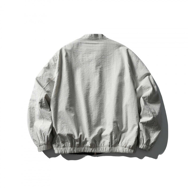 Unisex Light Oversized Bomber Jacket Made of Textured Fabric with Stand-Up Collar and Elastic Hem Chichicherry