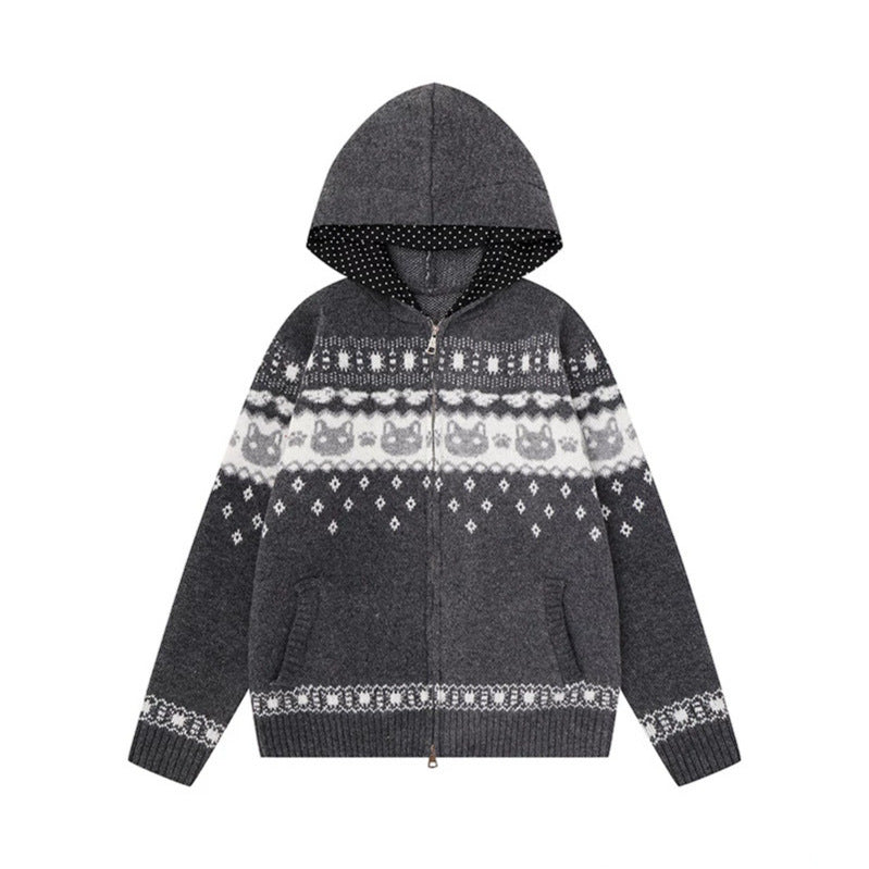 Women's Hooded Knit Jacket with Norwegian Pattern, Double Zip and Kangaroo Pockets Chichicherry