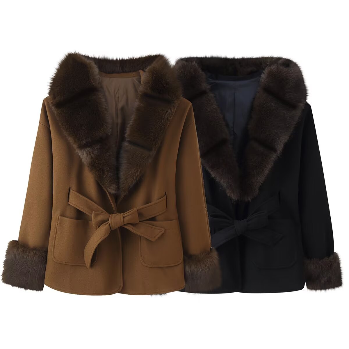 Women's Short Wool Blend Coat with Faux Fur Collar, Waist Belt and Patch Pockets Chichicherry
