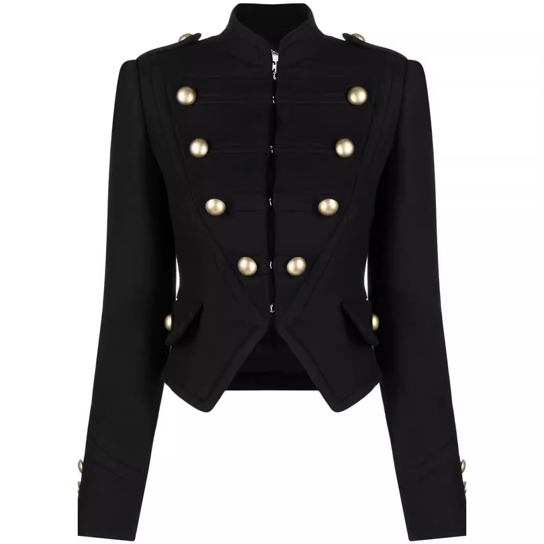 Ladies Tailored Short Military Blazer with Decorative Buttons and Stand-Up Collar Chichicherry