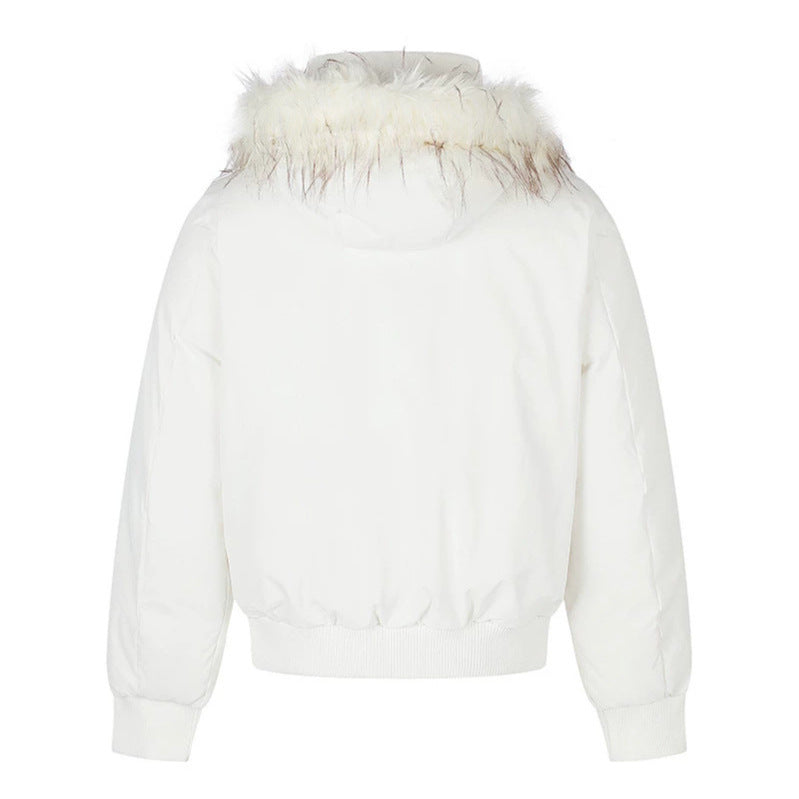 Women's padded short bomber jacket with removable faux fur hood, high stand-up collar, and ribbed cuffs Chichicherry