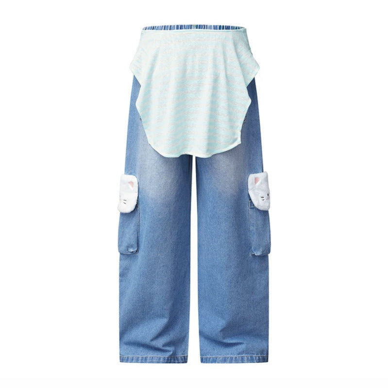 Women Wide Cargo Jeans with Plush Pockets, Embroidery and Elastic Waist Chichicherry