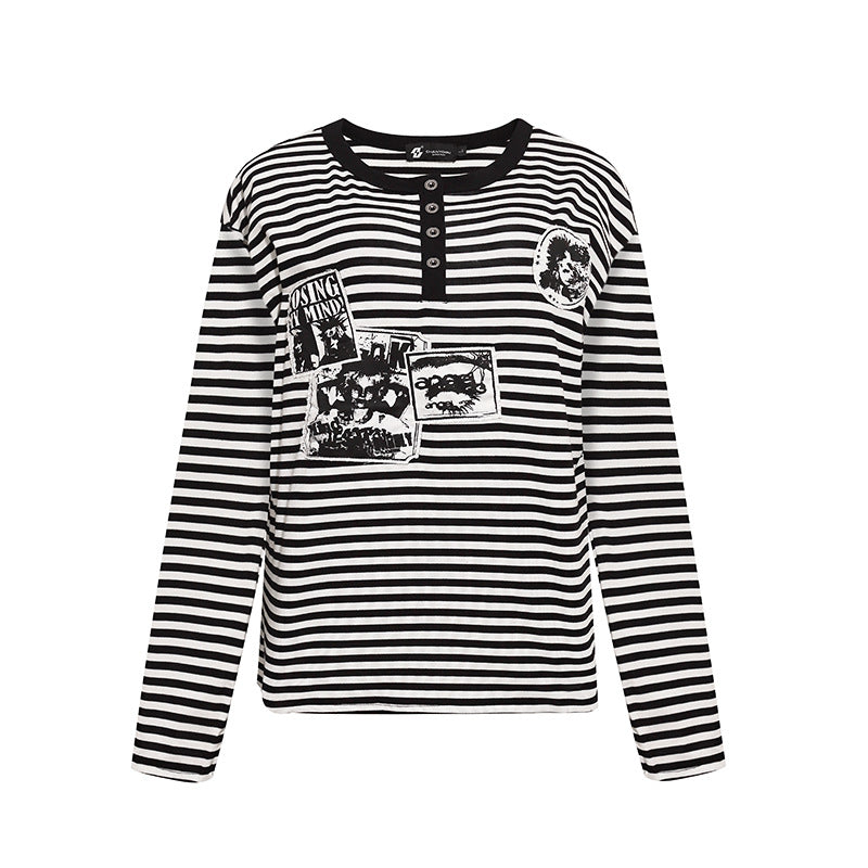 Women's Striped Long Sleeve Henley Shirt with Button Placket and Graphic Patches Chichicherry