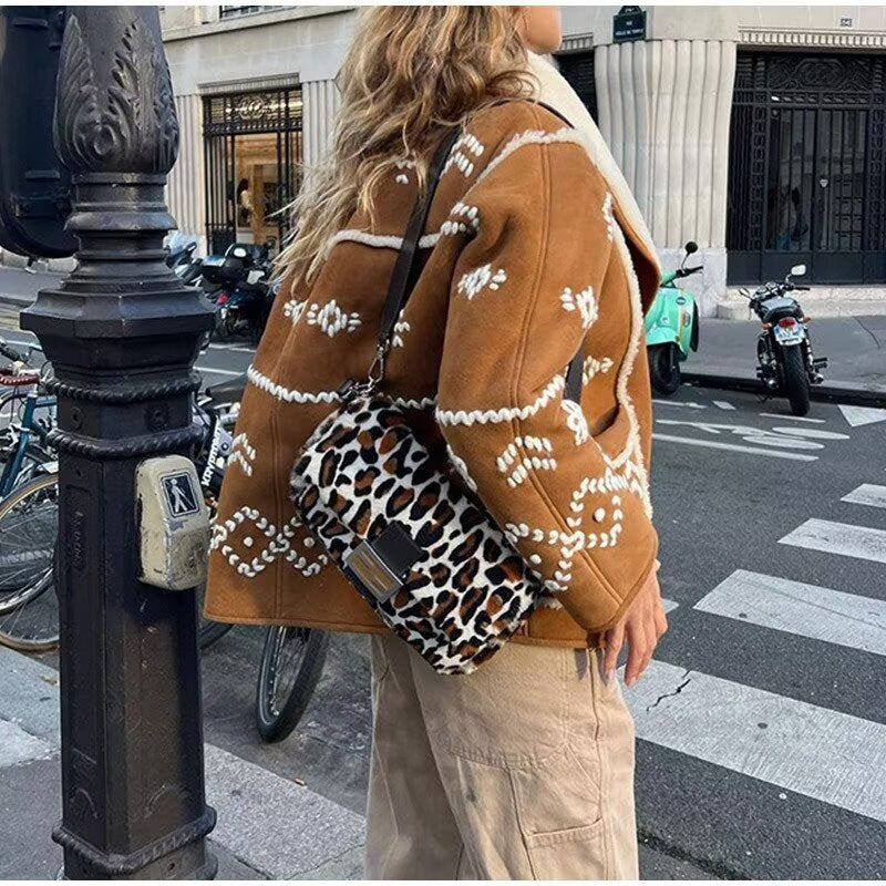 Women's Short Suede Jacket with Teddy Lining and Decorative Embroidery Chichicherry