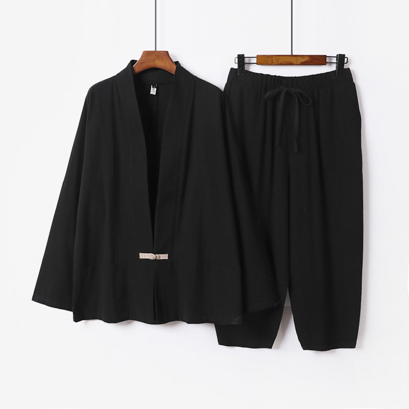 Unisex Casual Kimono Loungewear Set made of lightweight Linen Blend with Drawstring Pants Chichicherry