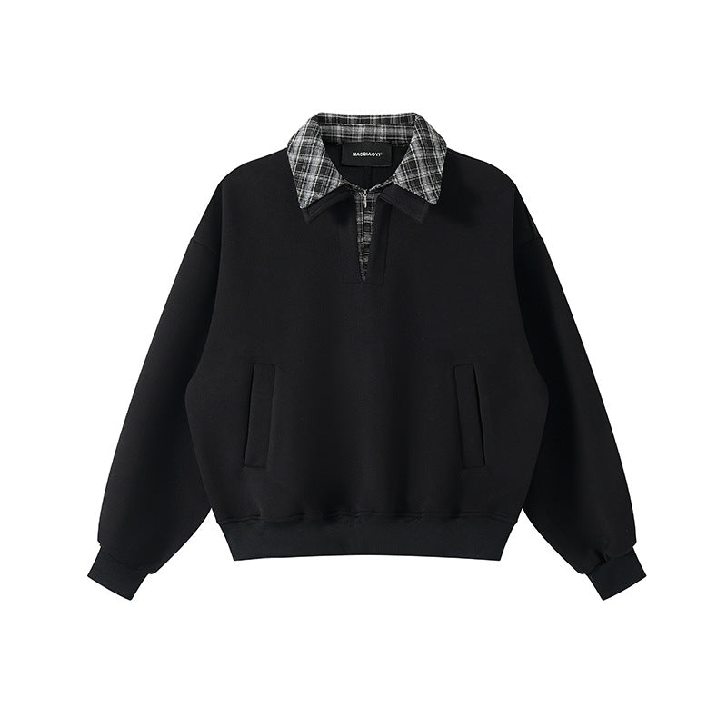 Unisex layered look sweatshirt with sewn-in check collar and side pocket openings Chichicherry