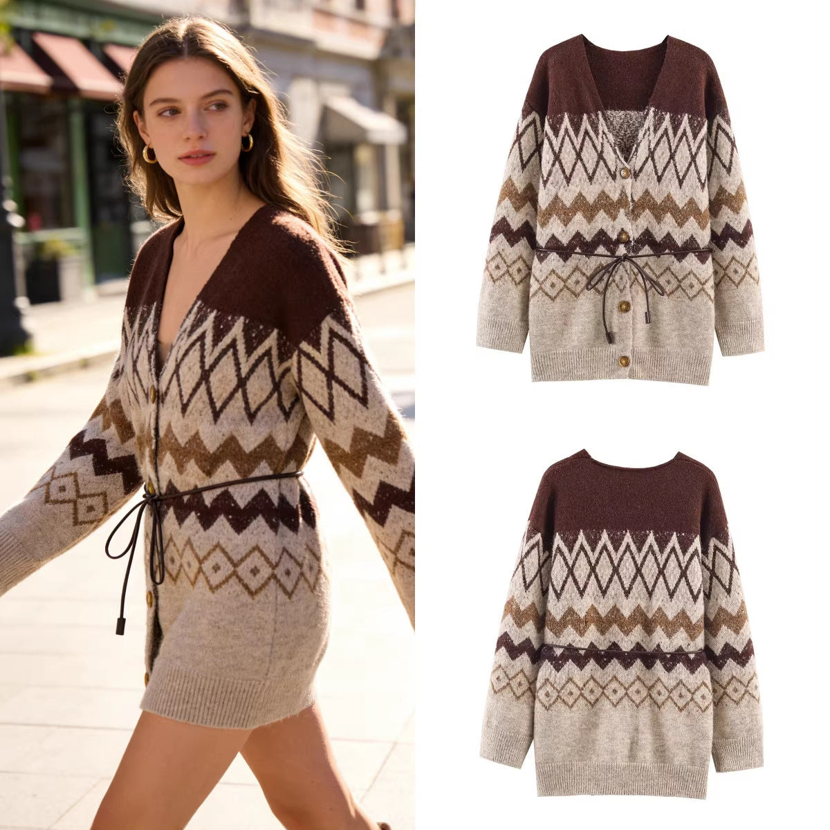 Women's Patterned Knit Cardigan with V-Neck, Button Placket and Waistband Chichicherry