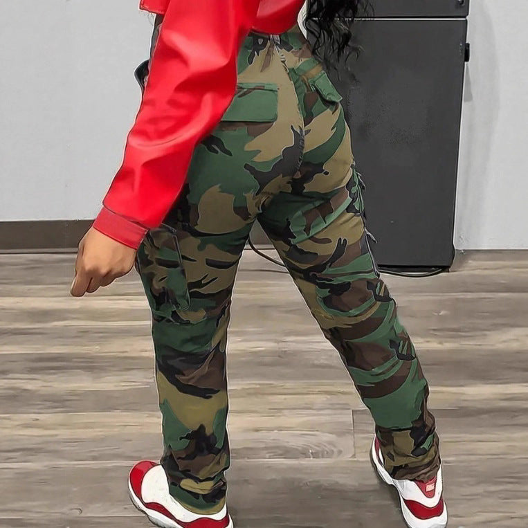Women's cargo pants in camouflage look with high waist fit and slim leg line Chichicherry