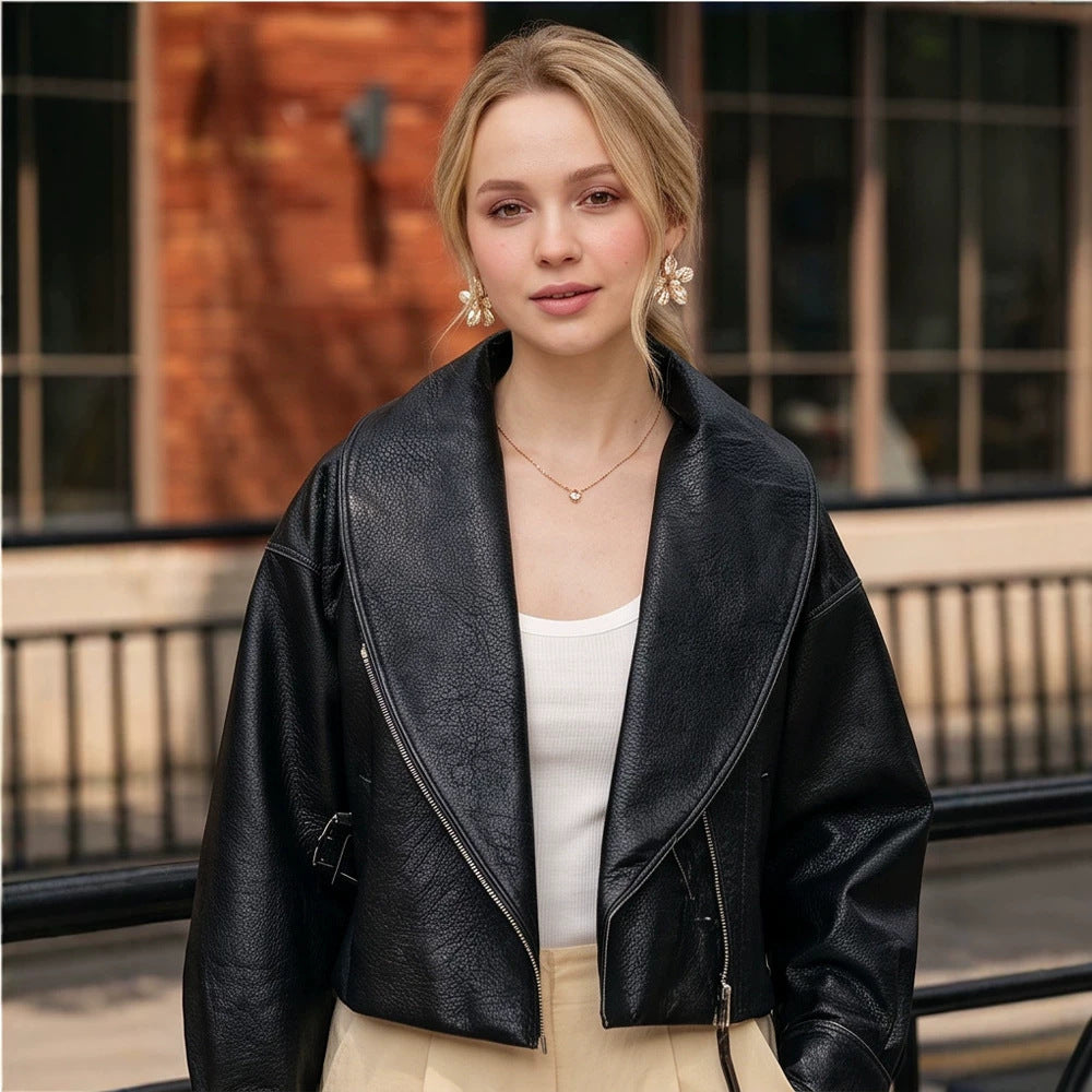 Women's Cropped Biker Jacket made of Faux Leather with Wide Shawl Collar and Asymmetrical Zipper Chichicherry