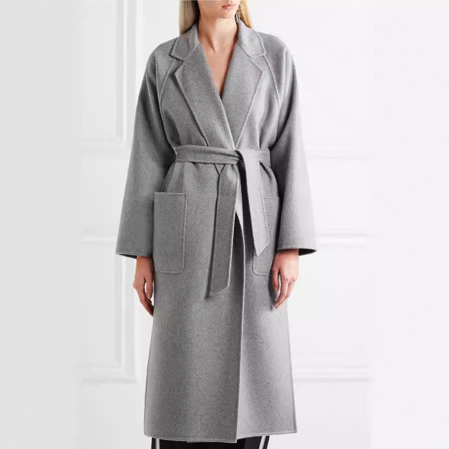Women's Floor-Length Open Wool Blend Coat with Relaxed Lapels and Flowing Draping Chichicherry