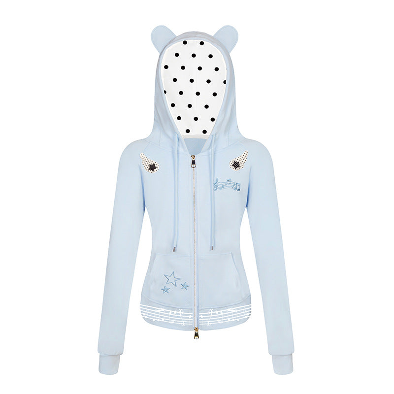 Women's hooded sweat jacket with bear ears, zipper, musical print and polka lining Chichicherry