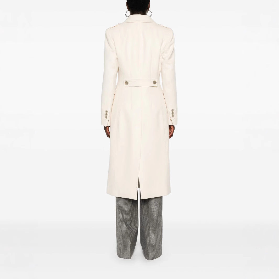 Women Long Double-Breasted Coat made of Wool Blend with High Stand-up Collar and Flap Pockets Chichicherry