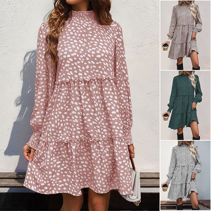Women's Tiered Babydoll Midi Dress with Smocked Collar, Ruffle Layers and Gathered Cuffs