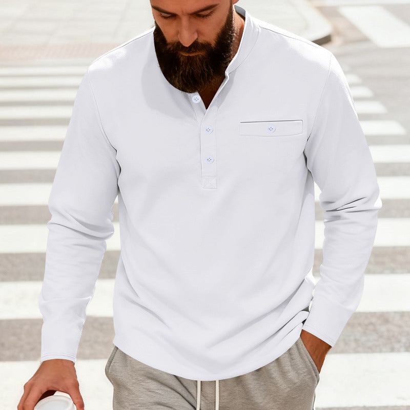 Men's Casual Henley Long Sleeve Shirt with Stand-Up Collar, Chest Pocket, and Curved Hem Chichicherry