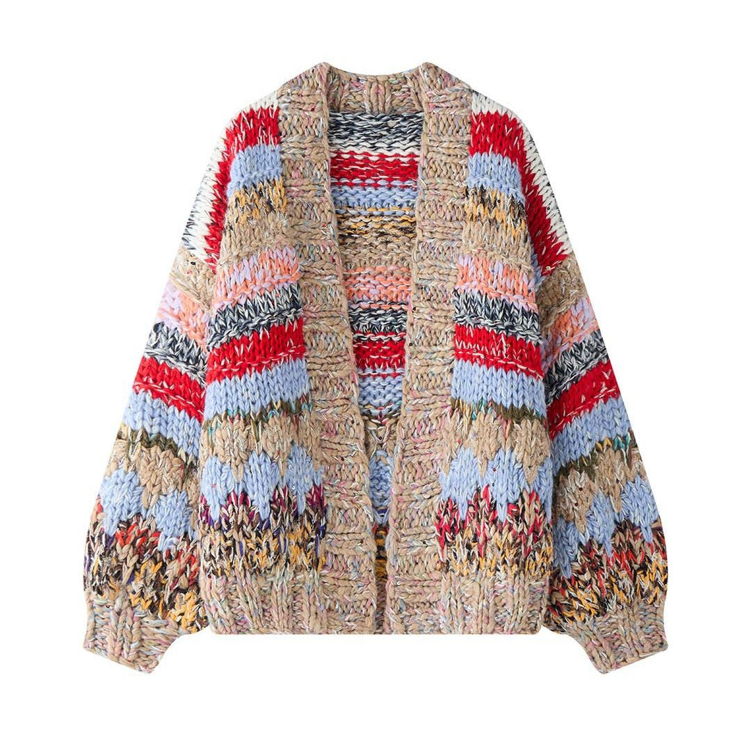 Women's chunky knit oversized cardigan with colorful block stripes and voluminous sleeves Chichicherry