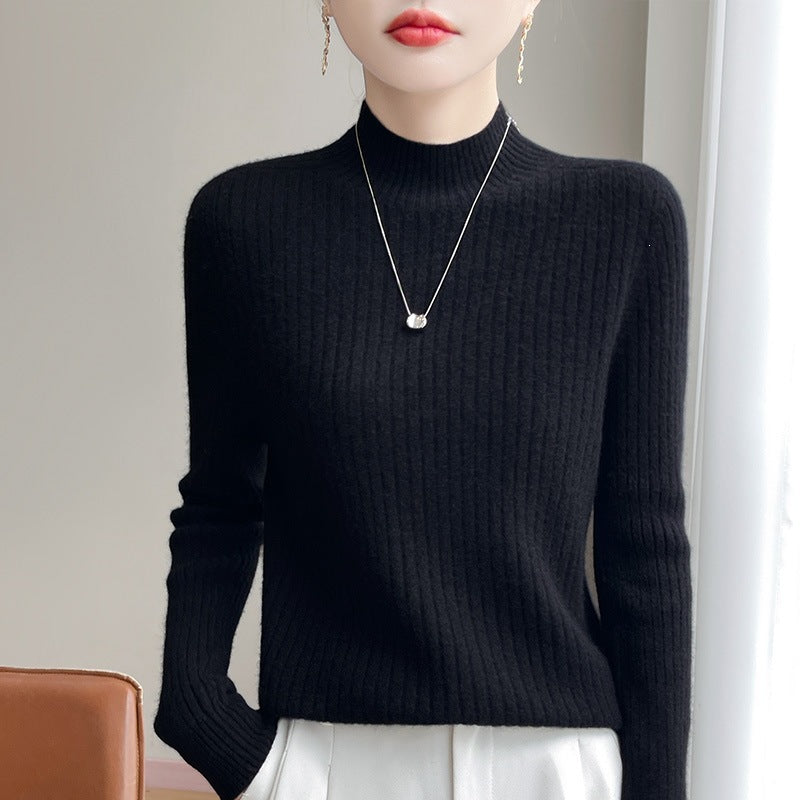 Women's Narrow Ribbed Knitted Mock Neck with Extra Soft Cashmere Look Chichicherry