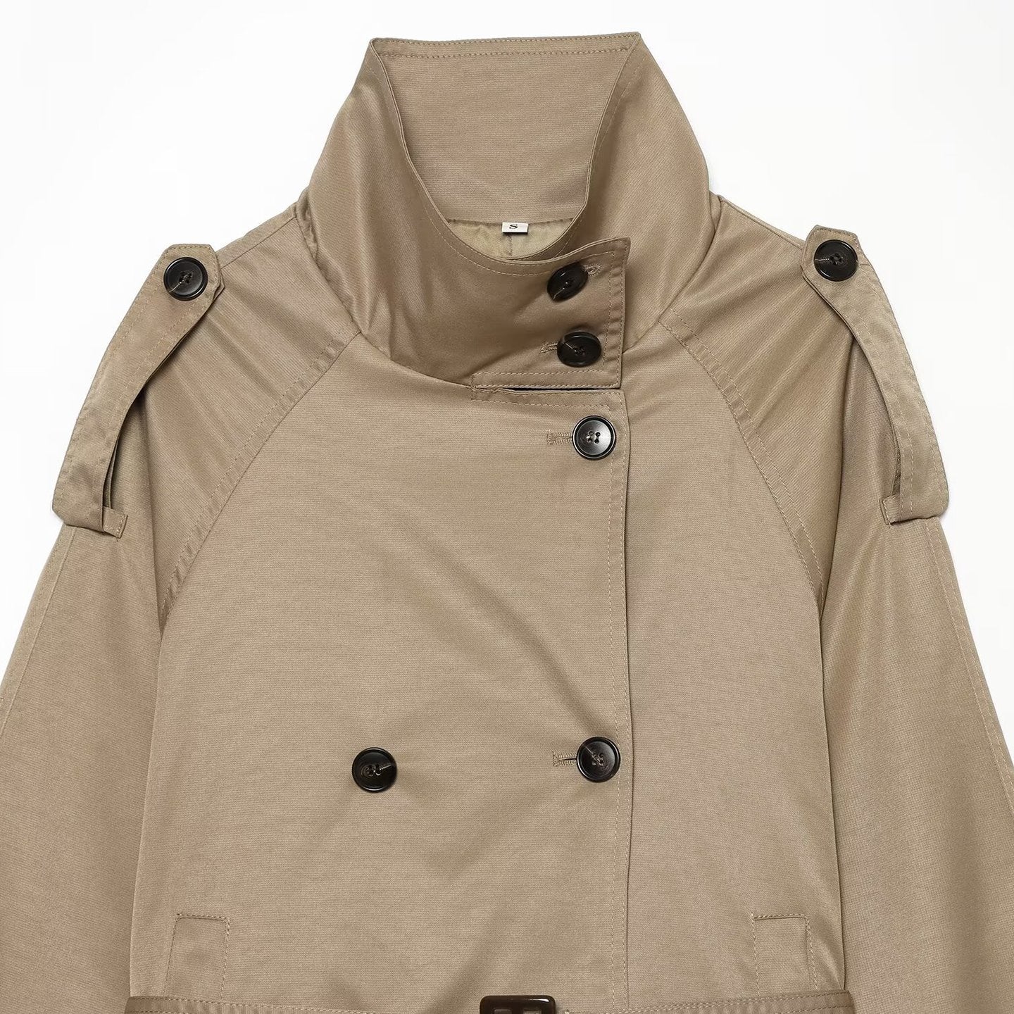 Ladies short tailored trench coat in cape look with high funnel collar and buckle cuffs Chichicherry