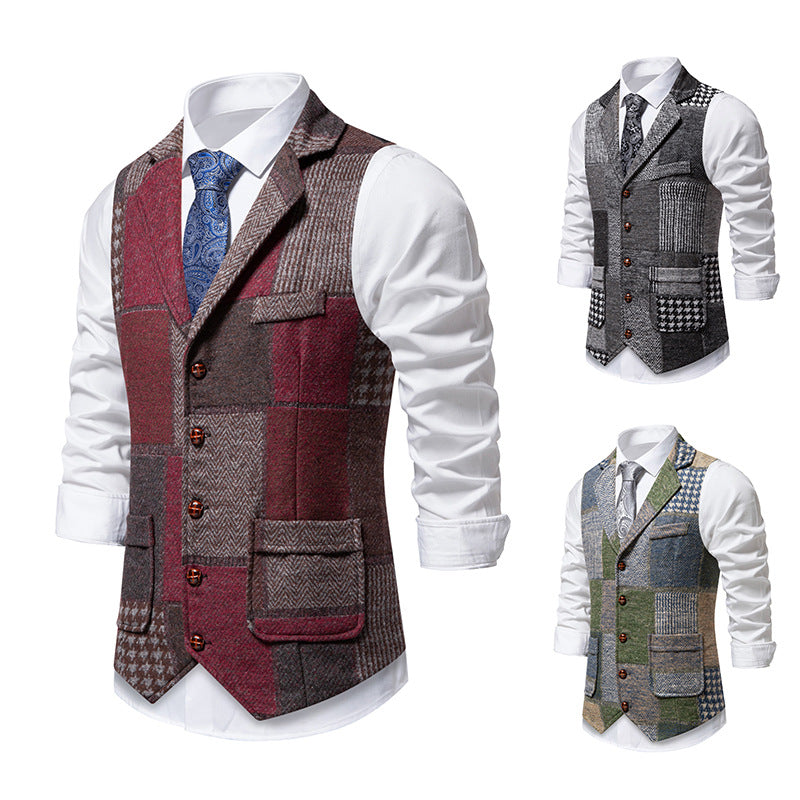 Men's Patchwork Tweed Vest with Notched Lapel and Flap Pockets Chichicherry