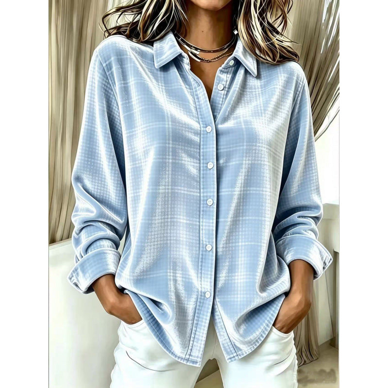 Women's velvet shirt blouse in relaxed fit with fine check pattern and mother-of-pearl buttons Chichicherry