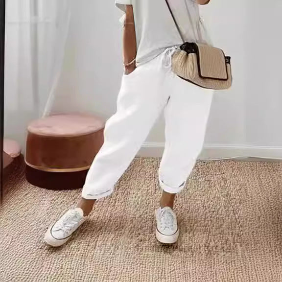 Women's linen jogger pants with drawstring, loose tapered fit and rolled hems Chichicherry