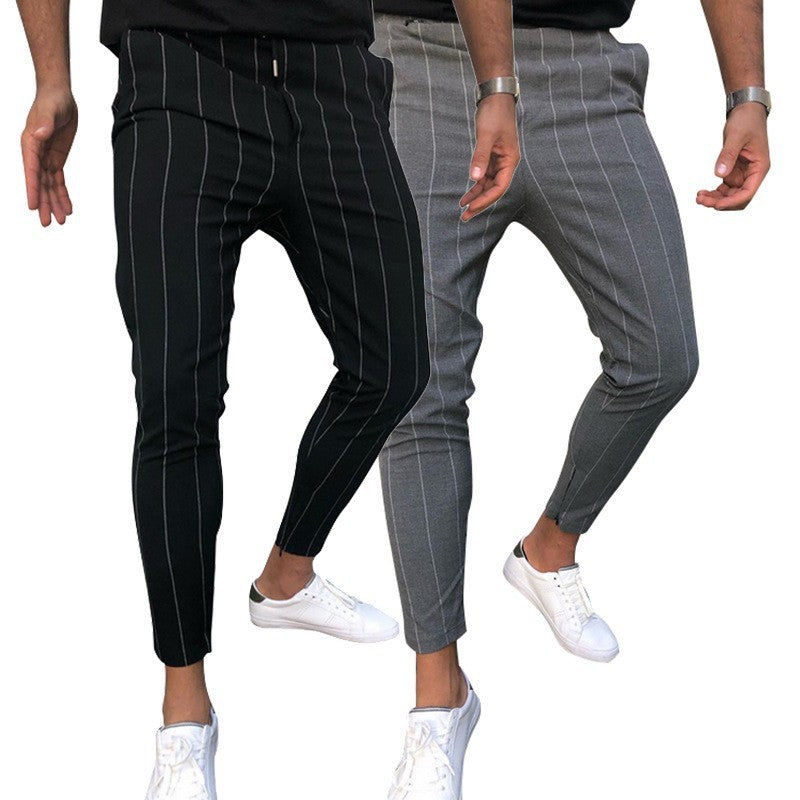 Men's Slim-Fit Cropped Chino Pants with Pinstripes and Elastic Waist Chichicherry