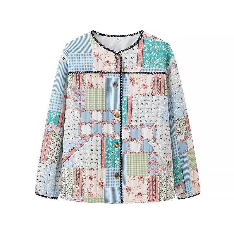 Women's quilted patchwork jacket with round neckline, decorative trim and front buttons Chichicherry