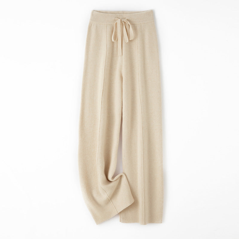 Women's Soft Knit Pants with Wide Leg, Drawstring Waistband, and Decorative Center Seam