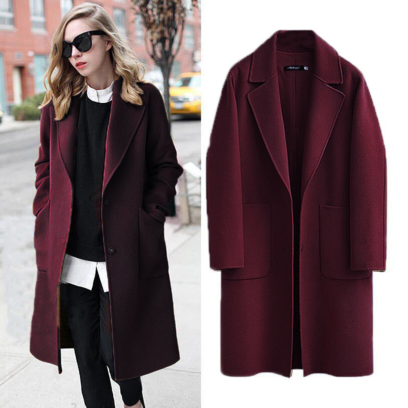 Women Longline Wool Blend Coat with Oversized Lapel and Patch Pockets Chichicherry