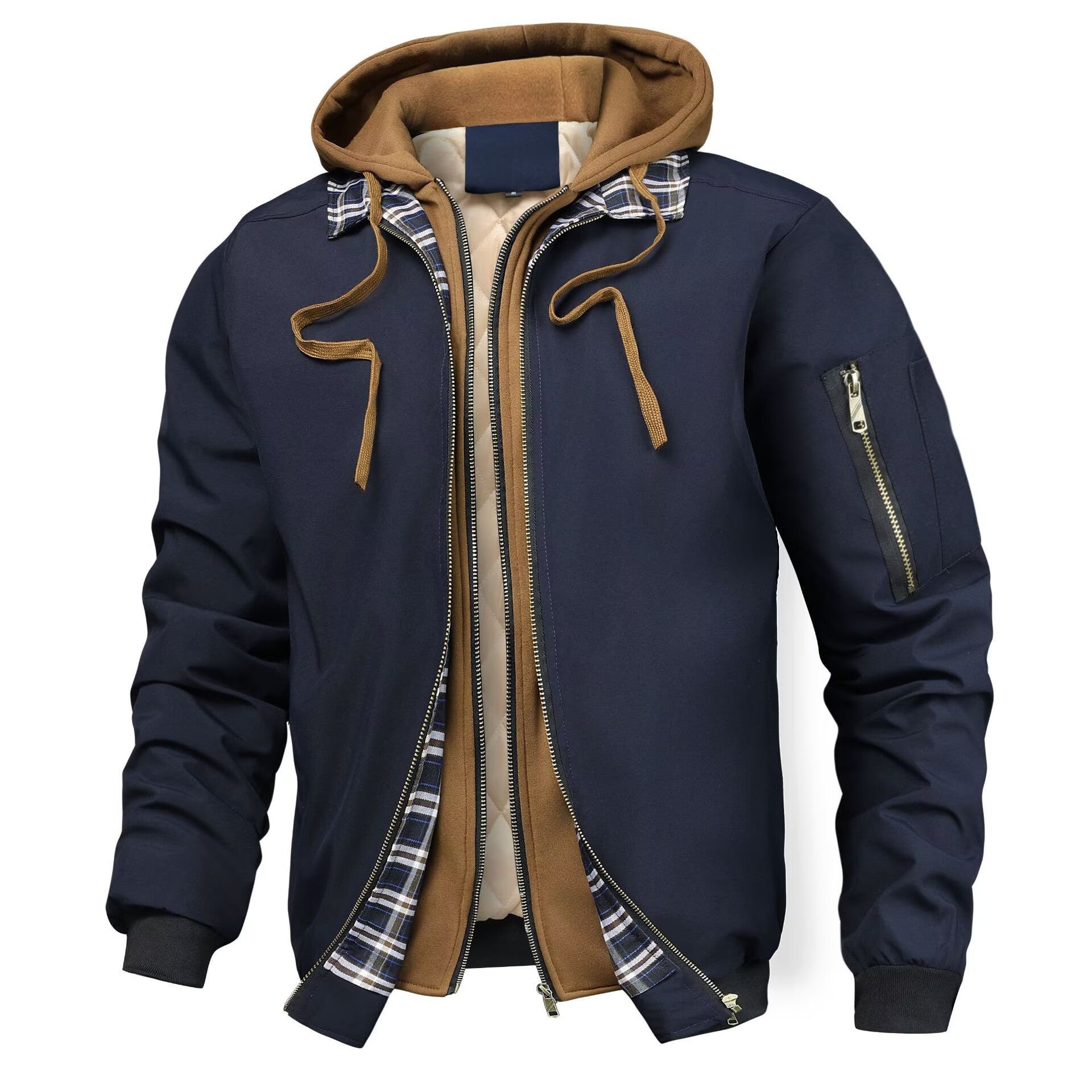 Men's Layered Bomber Jacket with Hood Inlay, Quilted Inner Vest and Arm Pocket Chichicherry
